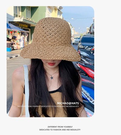 Straw Hat Female Summer New French Woven Bows Sun-Proof Bucket Hat Fresh Beach Trip Vacation Sun Hat