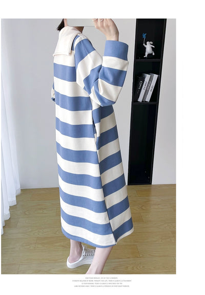 2025 Spring Clothing New Arrival K-style Plus Size Maternity Stripes Dress Fashionable Mom Pullover Sweatshirt Lapel Long Skirt