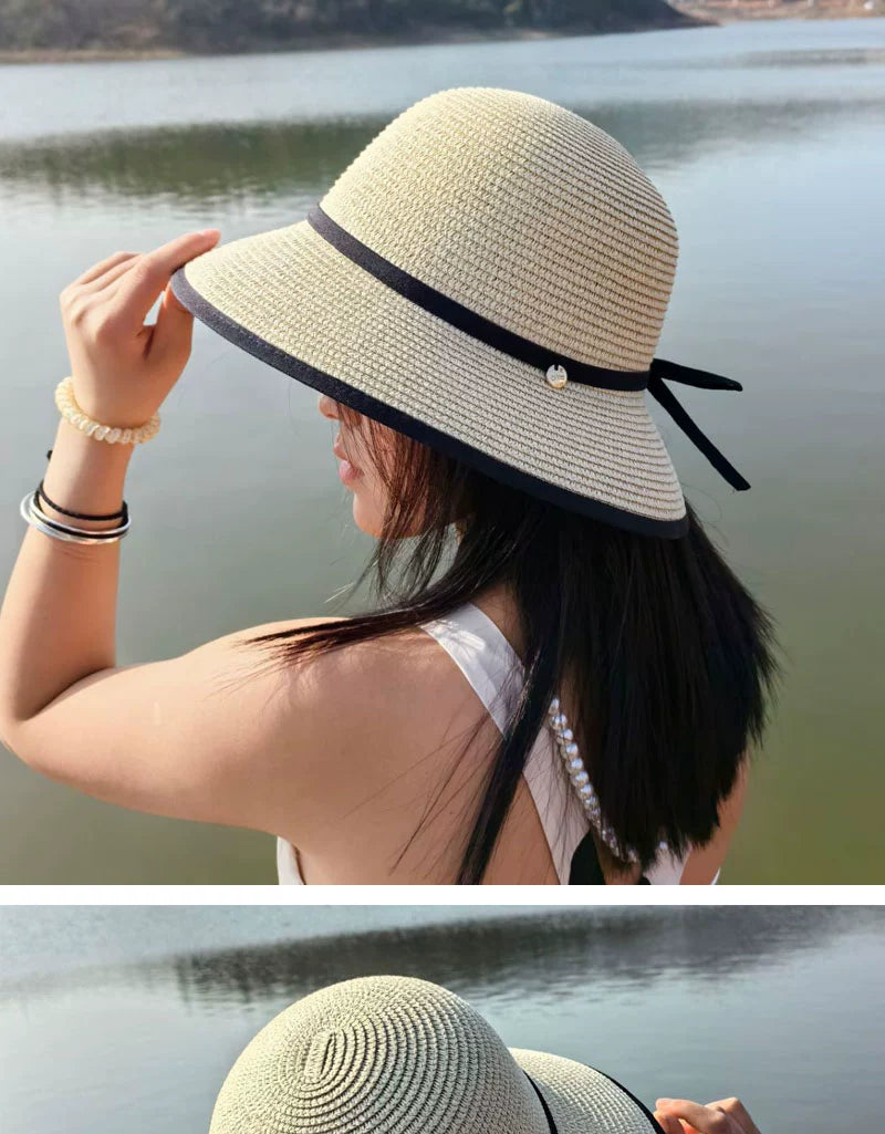 Hepburn Style Raffia Hat Women's Summer Big Brim Vacation Beach Hat Split Bows Travel Fashion Sun Hat Tide