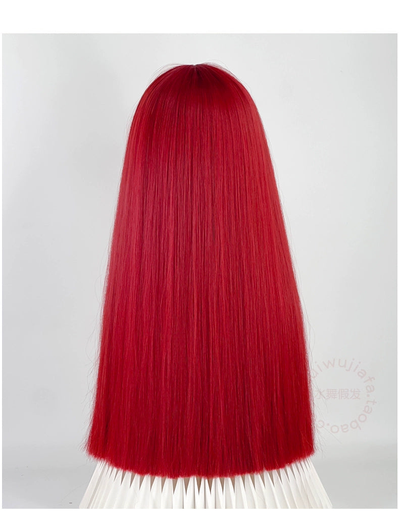 Y2g Sea King Red Long Straight Hair Full Head Cover Lolita Qi Bangs Gyaru Pull Red One-Size-Cut Long Hair Cos Universal