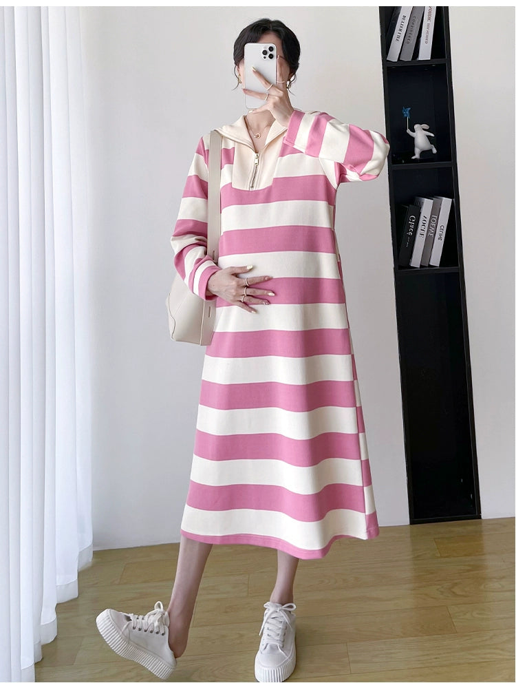 2025 Spring Clothing New Arrival K-style Plus Size Maternity Stripes Dress Fashionable Mom Pullover Sweatshirt Lapel Long Skirt