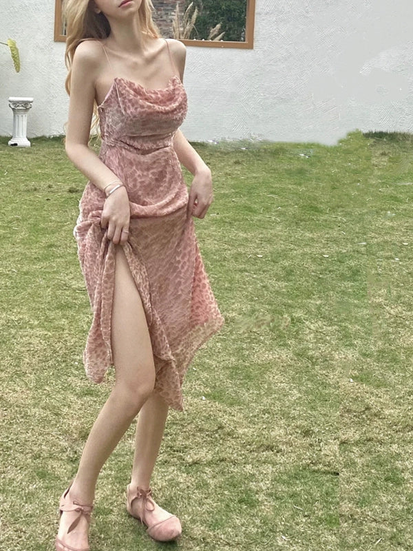 Beach Dress Women's Seaside Vacation Super Fairy French Pink Leopard Print Sling Dress Super Nice Unique Beautiful Dress