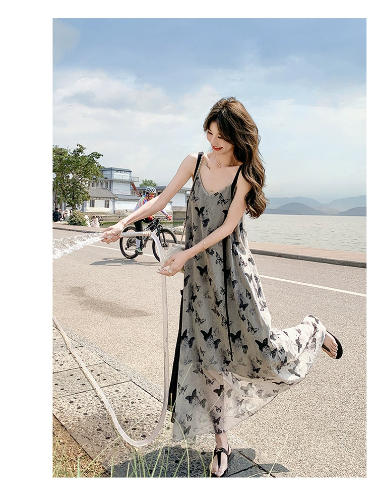 New Chinese Style Chinese Style Sling Dress Chiffon Ink Painting