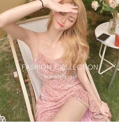 Beach Dress Women's Seaside Vacation Super Fairy French Pink Leopard Print Sling Dress Super Nice Unique Beautiful Dress