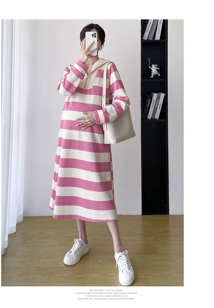 2025 Spring Clothing New Arrival K-style Plus Size Maternity Stripes Dress Fashionable Mom Pullover Sweatshirt Lapel Long Skirt