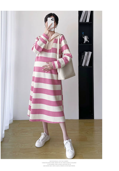2025 Spring Clothing New Arrival K-style Plus Size Maternity Stripes Dress Fashionable Mom Pullover Sweatshirt Lapel Long Skirt