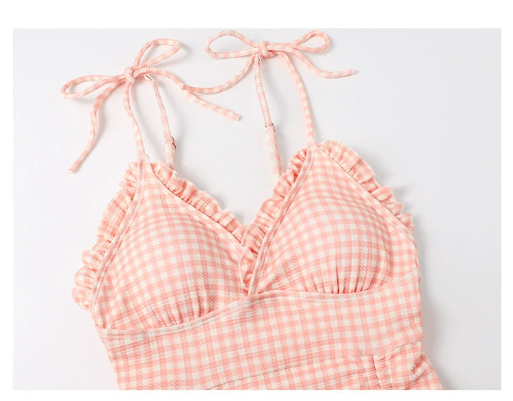 Sanya Swimsuit Women's Sweet Plaid Drawstring Sling Small Chest Push up One-Piece Triangle Hot Spring Vacation Swimsuit Women's