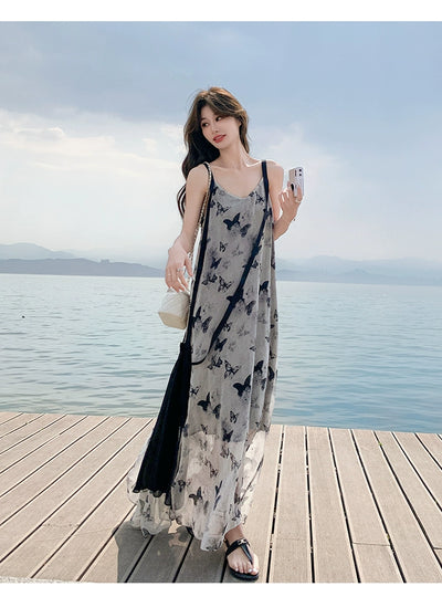 New Chinese Style Chinese Style Sling Dress Chiffon Ink Painting