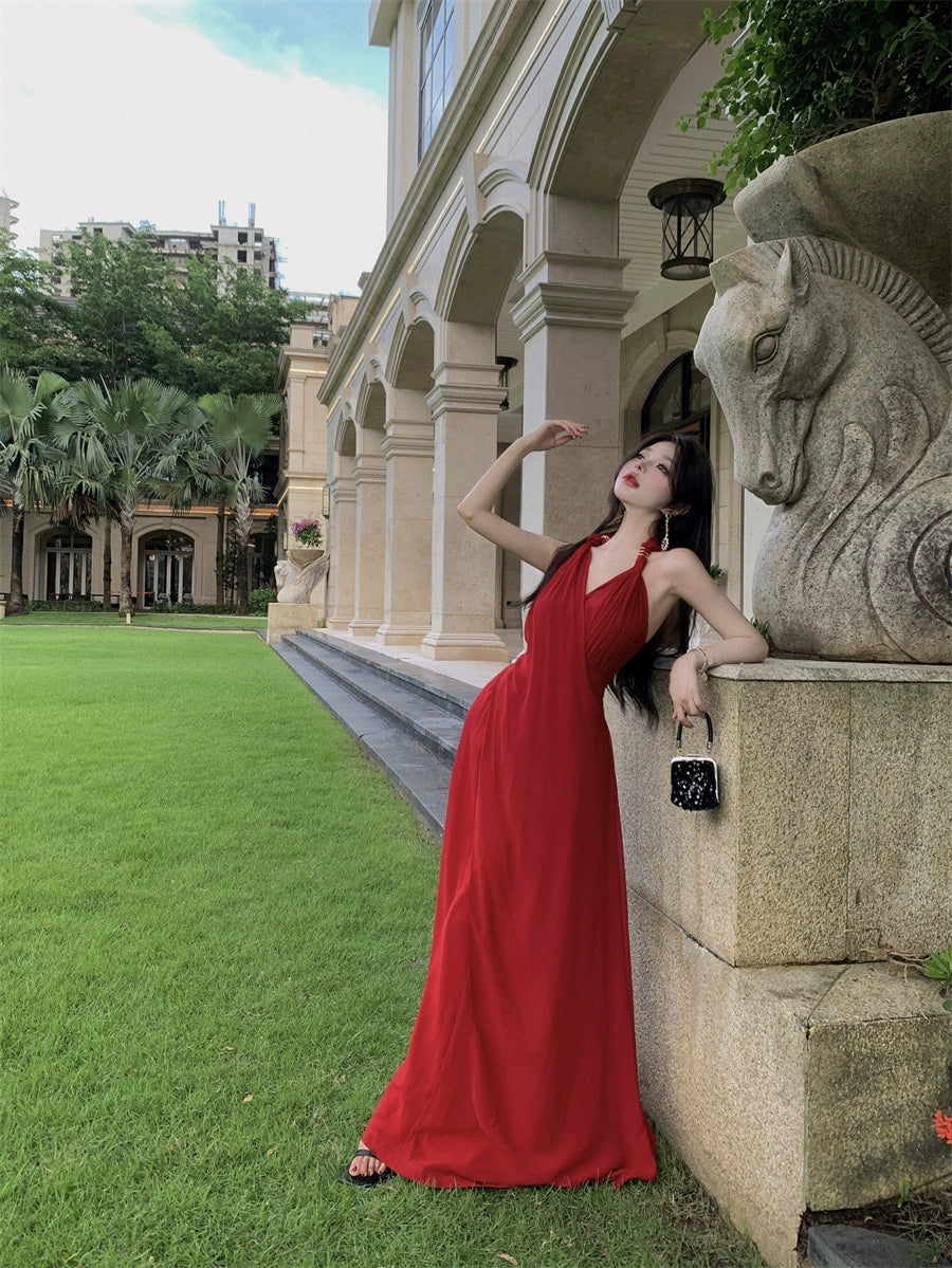 Beautiful Vacation Style Blue Halterneck Chiffon Drape Dress Long Women's Fancy Elegant Mop Long Dress
