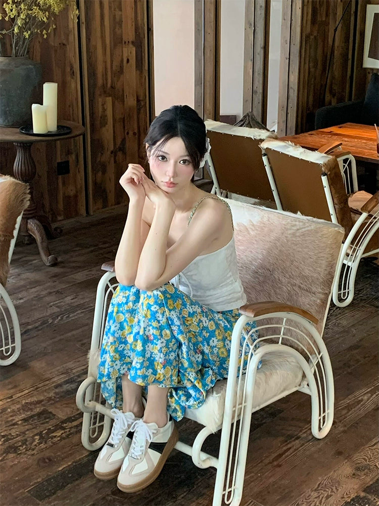 Seaside Vacation Style Suit Pure Desire Stylish White Halter Tube Top Blue Shirt Floral Skirt Two-piece Set