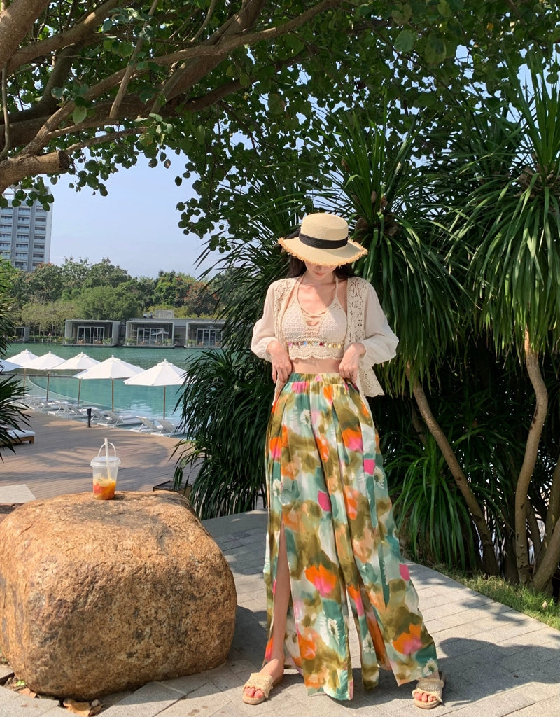 Ethnic Style Seaside Vacation Style Chiffon Loose Pants Suit + with Chest Pad Bikini Top + Sun-Protective Clothing Small Coat
