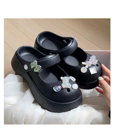 Thin Strip Sweet Rhinestone Mary Jane Sandals Fairy Style Fashion Summer Outwear Holiday Sandals Hole Shoes