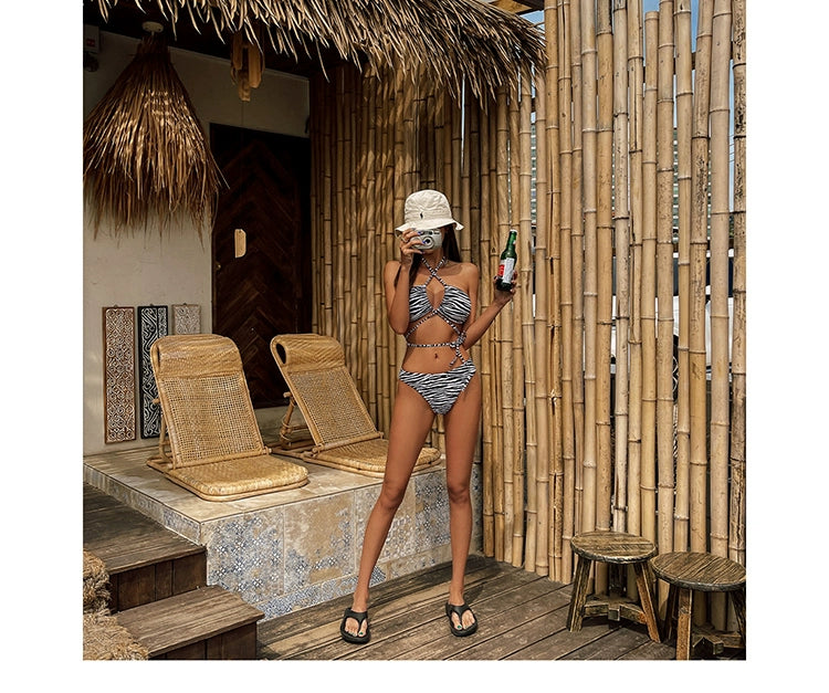 Swimsuit for Women 2025 New Sexy Ins Zebra Stripes Bikini Separates Three-Point Small Chest Vacation Hot Spring