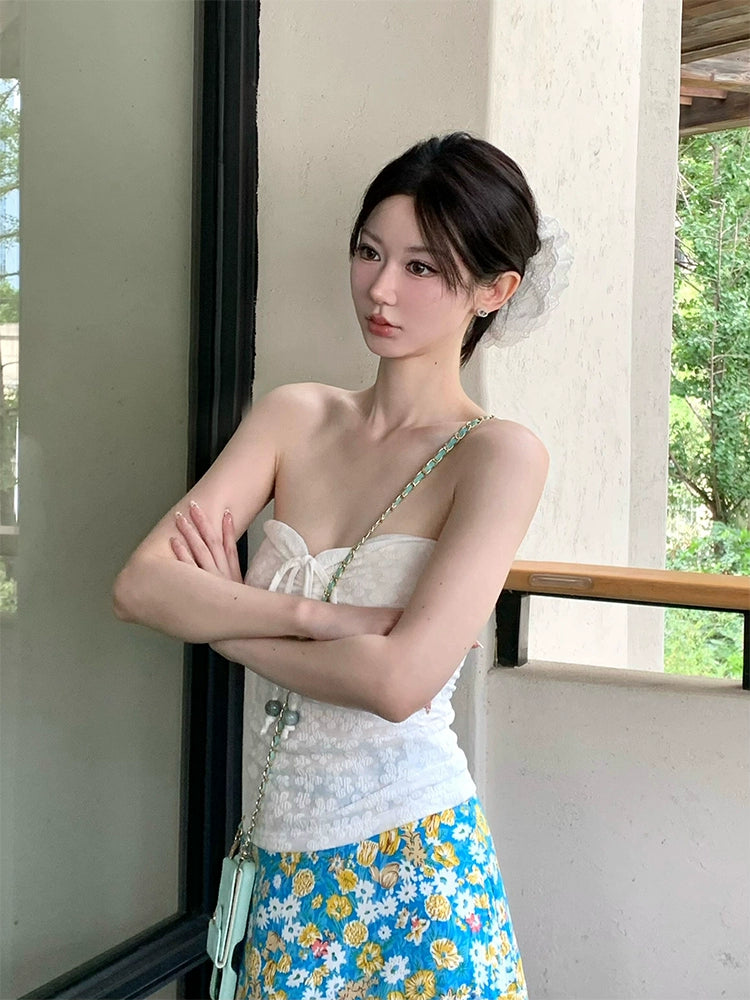 Seaside Vacation Style Suit Pure Desire Stylish White Halter Tube Top Blue Shirt Floral Skirt Two-piece Set