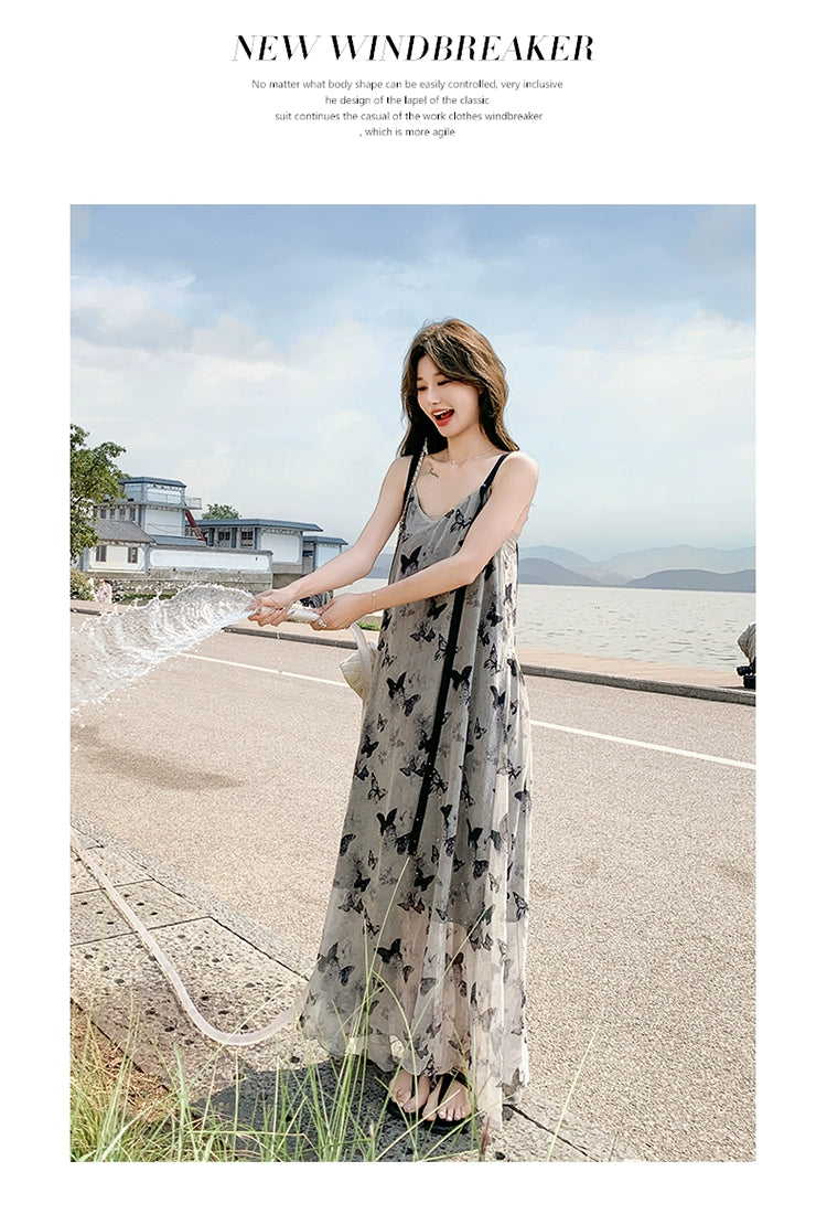 New Chinese Style Chinese Style Sling Dress Chiffon Ink Painting