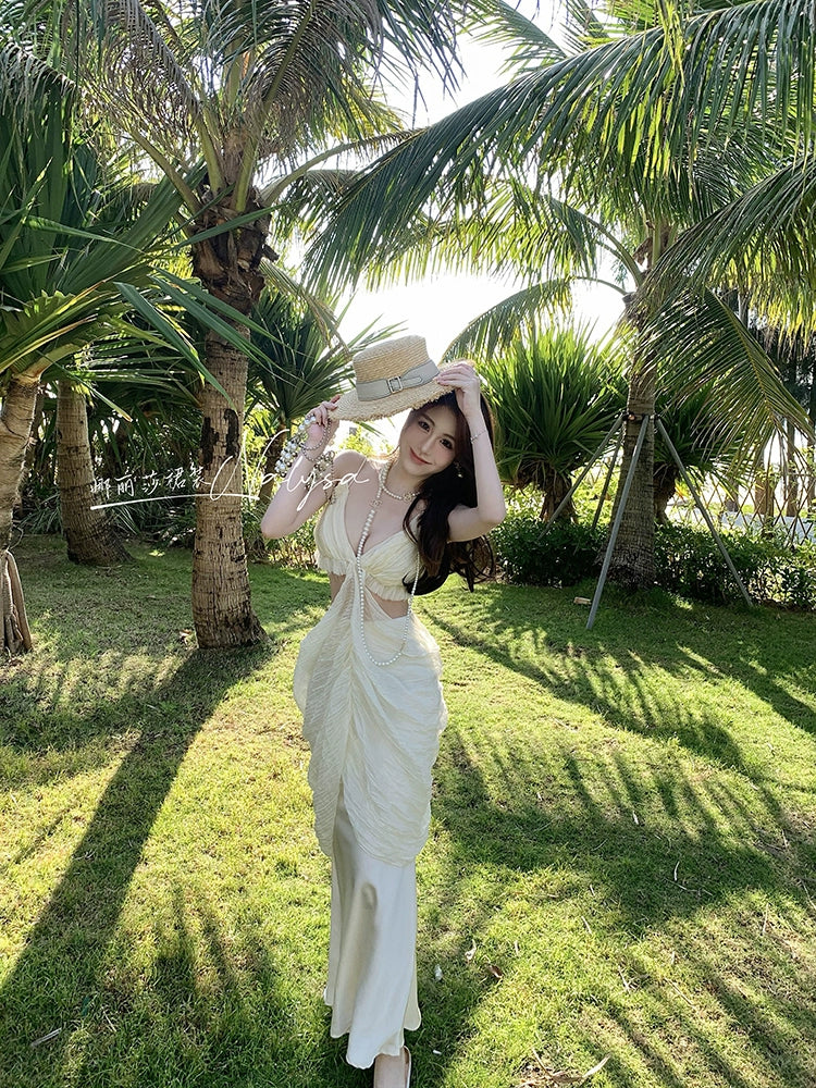 Elegant Ladies Seaside Holiday Midriff Outfit Dress Dress