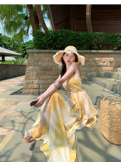 Nipped-Waist New French Seaside Sling Holiday Dress Travel Elegant Cake Dress Summer Beach Dress Female Yellow