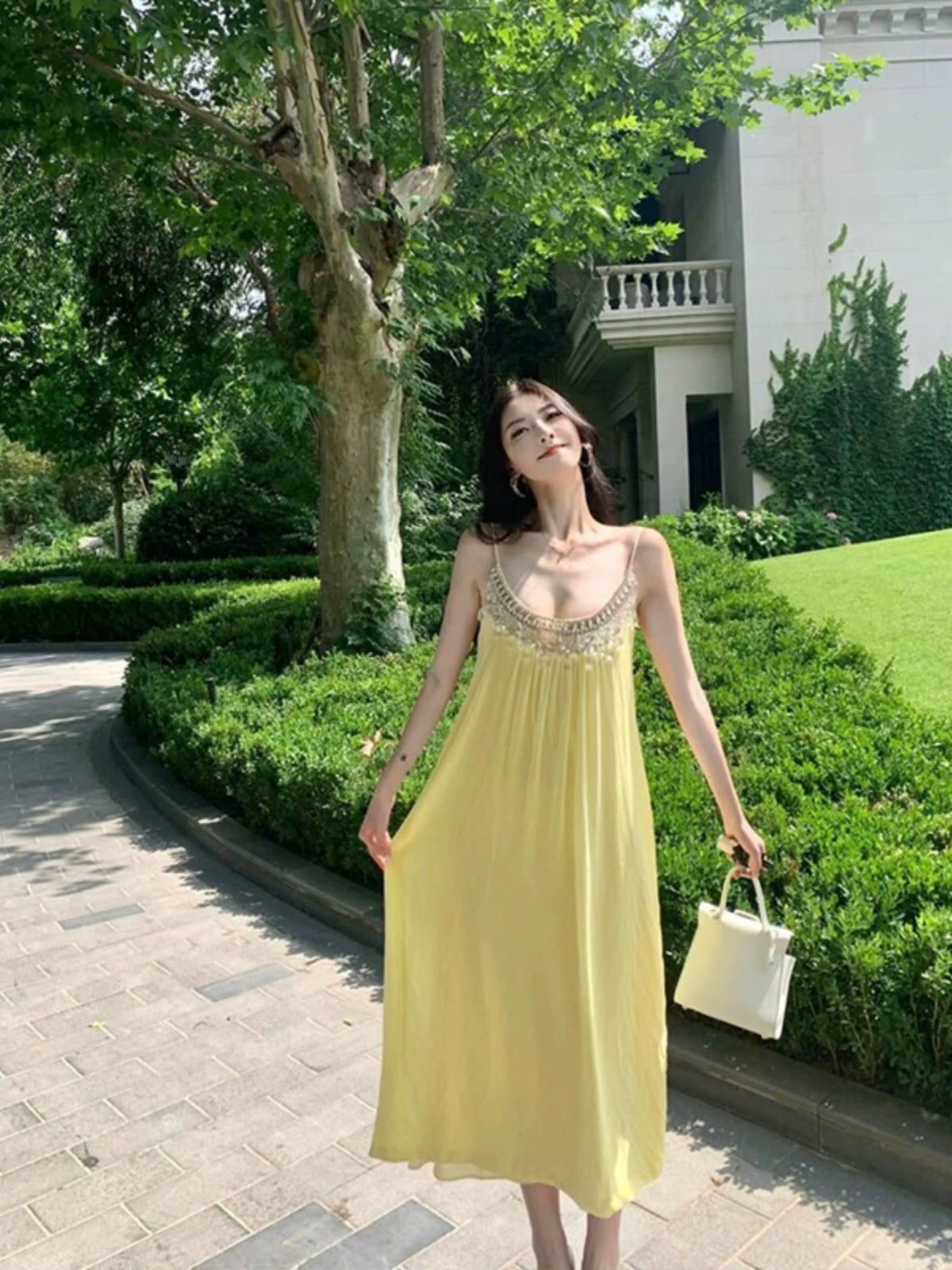 French Style Beautiful Yellow Elegant Heavy Industry Beads Diamond Strap Dress Loose and Idle Seaside Holiday Beach Dress