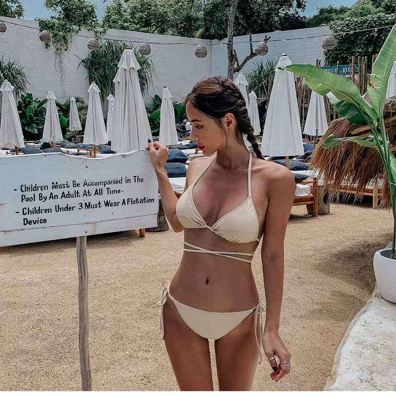 Fashion Ins Swimsuit Women's Summer Vacation Small Size Sexy Three-Point Bikini Separates Shoelace Strap Hot Spring Swimsuit
