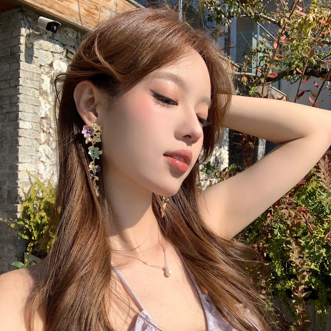 [Peach Tea] Bright Big Female Ethnic Style Color Metal Flower Tassel Earrings Seaside Holiday Earrings