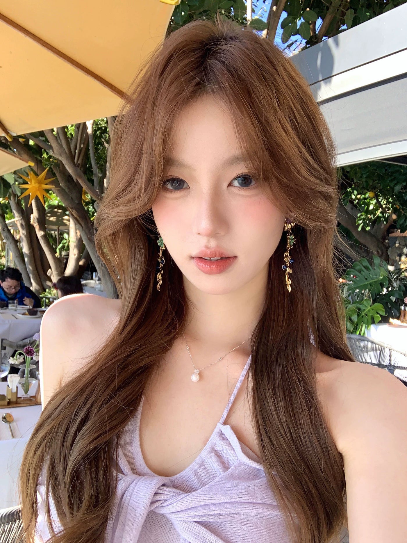 [Peach Tea] Bright Big Female Ethnic Style Color Metal Flower Tassel Earrings Seaside Holiday Earrings