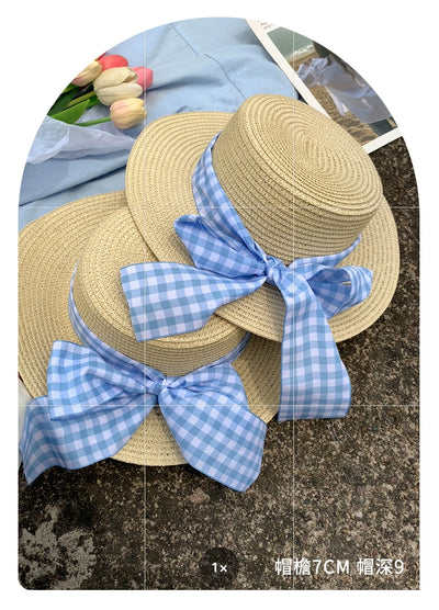Straw Hat Japanese Style Women's Spring Summer Outing Plaid Bows