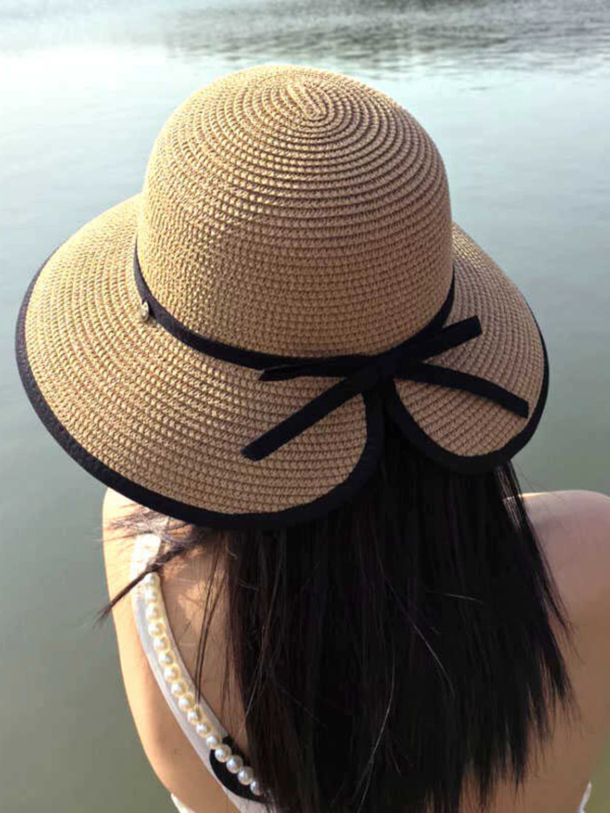 Hepburn Style Raffia Hat Women's Summer Big Brim Vacation Beach Hat Split Bows Travel Fashion Sun Hat Tide