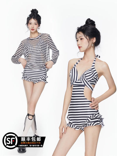 2025 New Arrival Sexy Swimsuit Women's Summer Push up Stripes Siamese Triangle Bikini Long Sleeves Blouse Flab Hiding Vacation