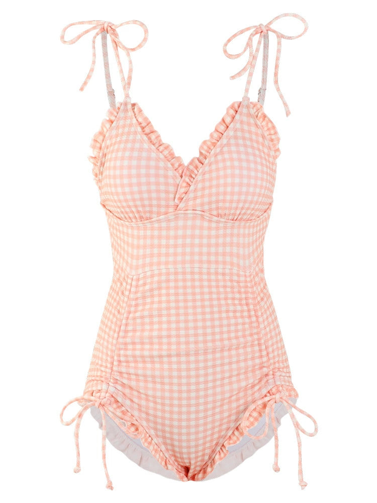 Sanya Swimsuit Women's Sweet Plaid Drawstring Sling Small Chest Push up One-Piece Triangle Hot Spring Vacation Swimsuit Women's