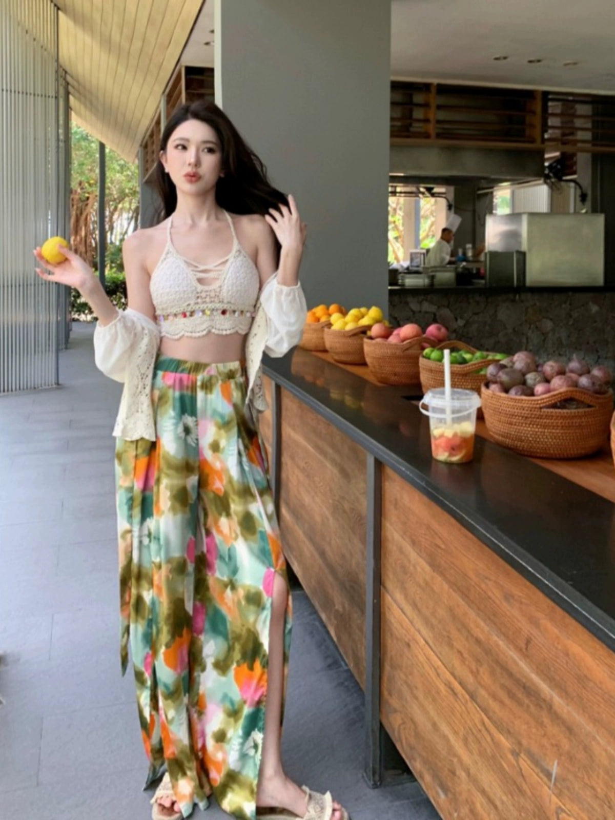 Ethnic Style Seaside Vacation Style Chiffon Loose Pants Suit + with Chest Pad Bikini Top + Sun-Protective Clothing Small Coat