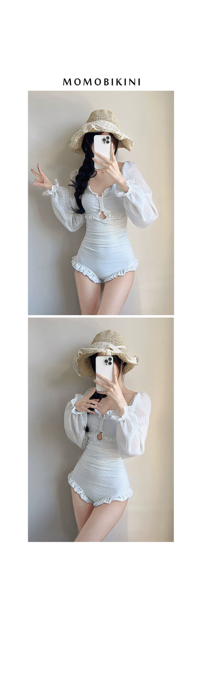 Holiday White Long Sleeves Female Student Hot Spring Bathing Suit