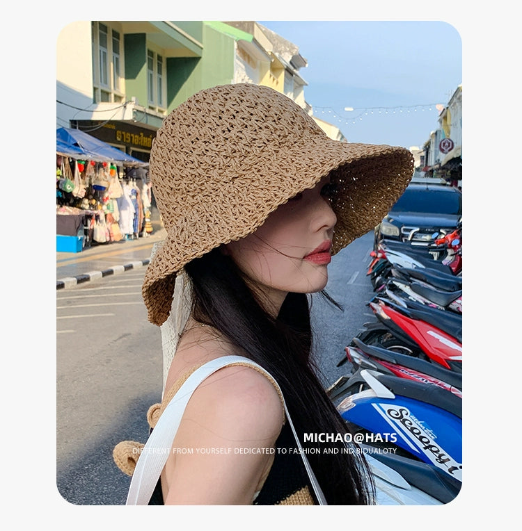 Straw Hat Female Summer New French Woven Bows Sun-Proof Bucket Hat Fresh Beach Trip Vacation Sun Hat