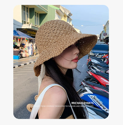 Straw Hat Female Summer New French Woven Bows Sun-Proof Bucket Hat Fresh Beach Trip Vacation Sun Hat