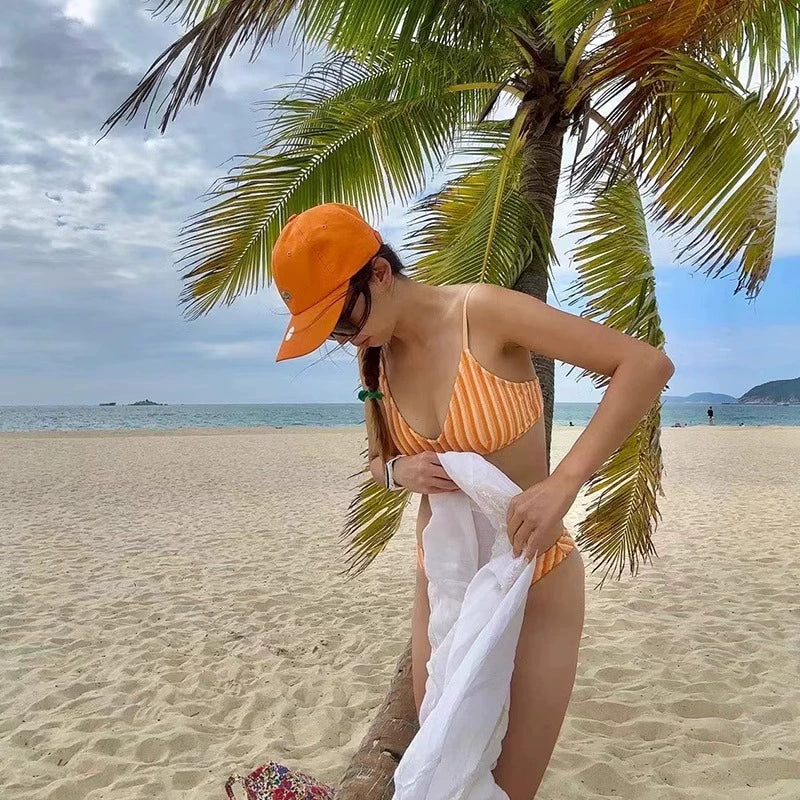 European and American Gyaru Orange Stripe Towel Cloth Sexy Pure Desire Bikinis Women Thailand Vacation Seaside Swimsuit Hot Spring