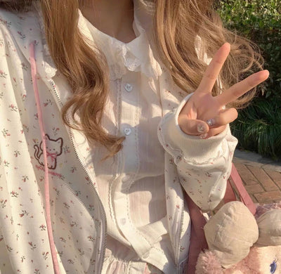 Sub-Culture Y2g Millennium Japanese Style Soft Girl Two-Dimensional Small Floral Cat Embroidered Hoodie Female Fall Winter Coat