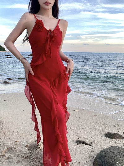 Thailand Sanya Seaside Holiday Beach Skirt Ruffles Irregular Spaghetti-Strap French Style Beautiful Red Chiffon Dress