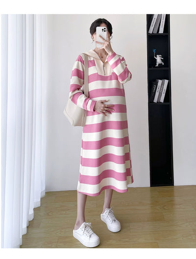 2025 Spring Clothing New Arrival K-style Plus Size Maternity Stripes Dress Fashionable Mom Pullover Sweatshirt Lapel Long Skirt