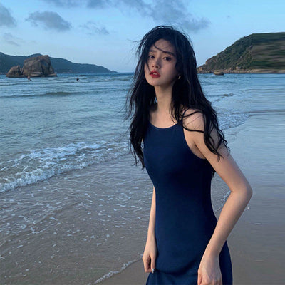 Summer Blue Sling Dress Temperament Long Dress Seaside Holiday Beach Skirt Super Fairy Sanya Thailand Travel Photo