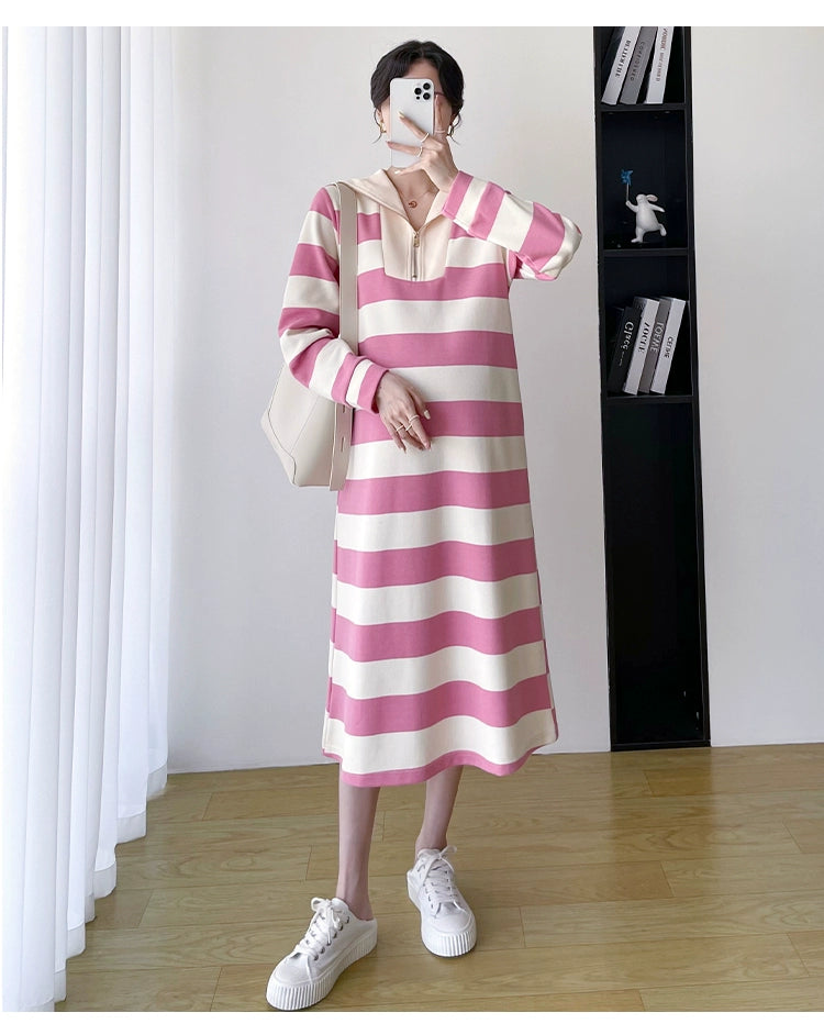 2025 Spring Clothing New Arrival K-style Plus Size Maternity Stripes Dress Fashionable Mom Pullover Sweatshirt Lapel Long Skirt