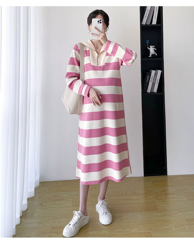 2025 Spring Clothing New Arrival K-style Plus Size Maternity Stripes Dress Fashionable Mom Pullover Sweatshirt Lapel Long Skirt
