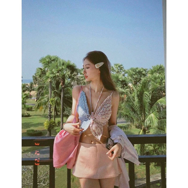 Pure Desire Knitting Tops Thai Sweet and Spicy Strappy Bow Tube Top Summer Outer Wear Short Seaside Vacation Short Vest