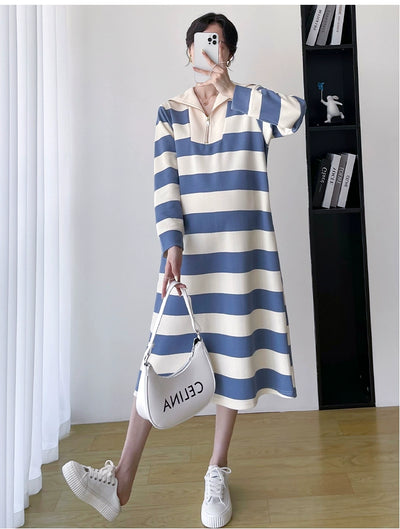 2025 Spring Clothing New Arrival K-style Plus Size Maternity Stripes Dress Fashionable Mom Pullover Sweatshirt Lapel Long Skirt