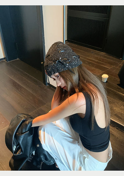 Zhao Lusi Same Style ~ Homemade Bows Sequin Knitted Cold Cap Female Y2g Sexy Wind Show Face Small Toe Cap Pile Heap Cap