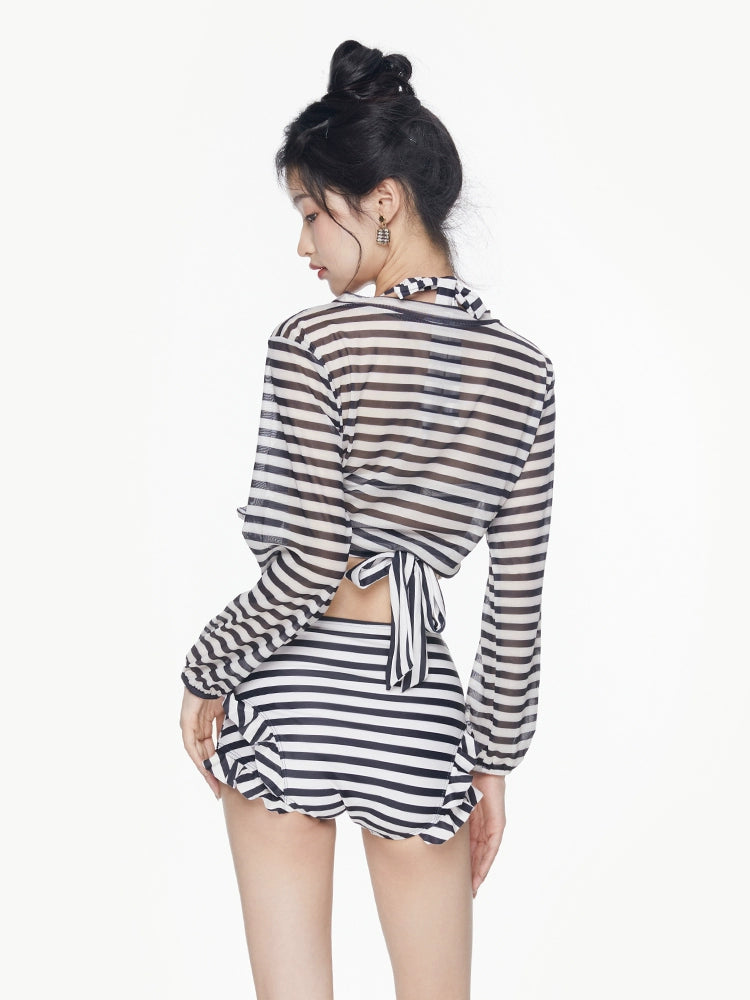 2025 New Arrival Sexy Swimsuit Women's Summer Push up Stripes Siamese Triangle Bikini Long Sleeves Blouse Flab Hiding Vacation