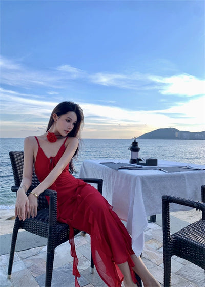 Thailand Sanya Seaside Holiday Beach Skirt Ruffles Irregular Spaghetti-Strap French Style Beautiful Red Chiffon Dress