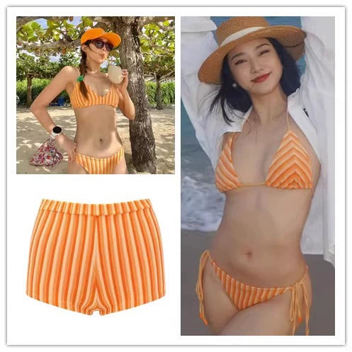European and American Gyaru Orange Stripe Towel Cloth Sexy Pure Desire Bikinis Women Thailand Vacation Seaside Swimsuit Hot Spring