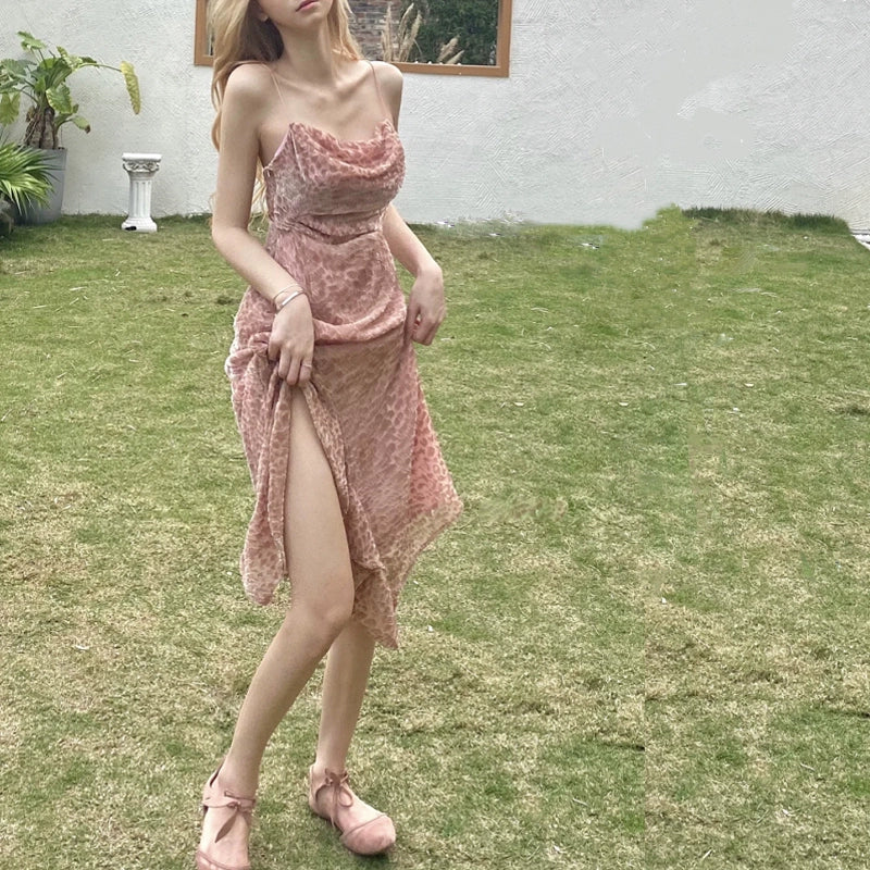Beach Dress Women's Seaside Vacation Super Fairy French Pink Leopard Print Sling Dress Super Nice Unique Beautiful Dress