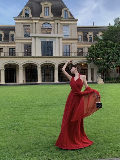 Beautiful Vacation Style Blue Halterneck Chiffon Drape Dress Long Women's Fancy Elegant Mop Long Dress