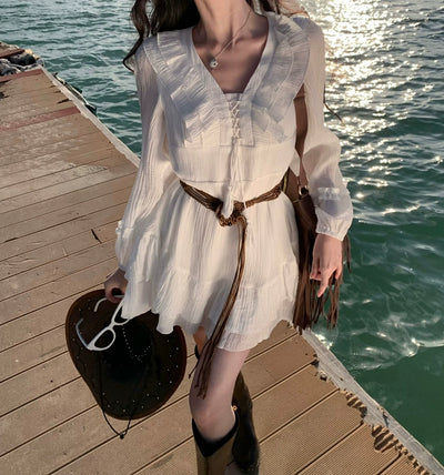Pure First Date Sense Seaside Vacation Style Long Sleeves Dress