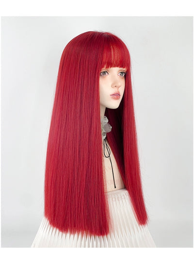 Y2g Sea King Red Long Straight Hair Full Head Cover Lolita Qi Bangs Gyaru Pull Red One-Size-Cut Long Hair Cos Universal